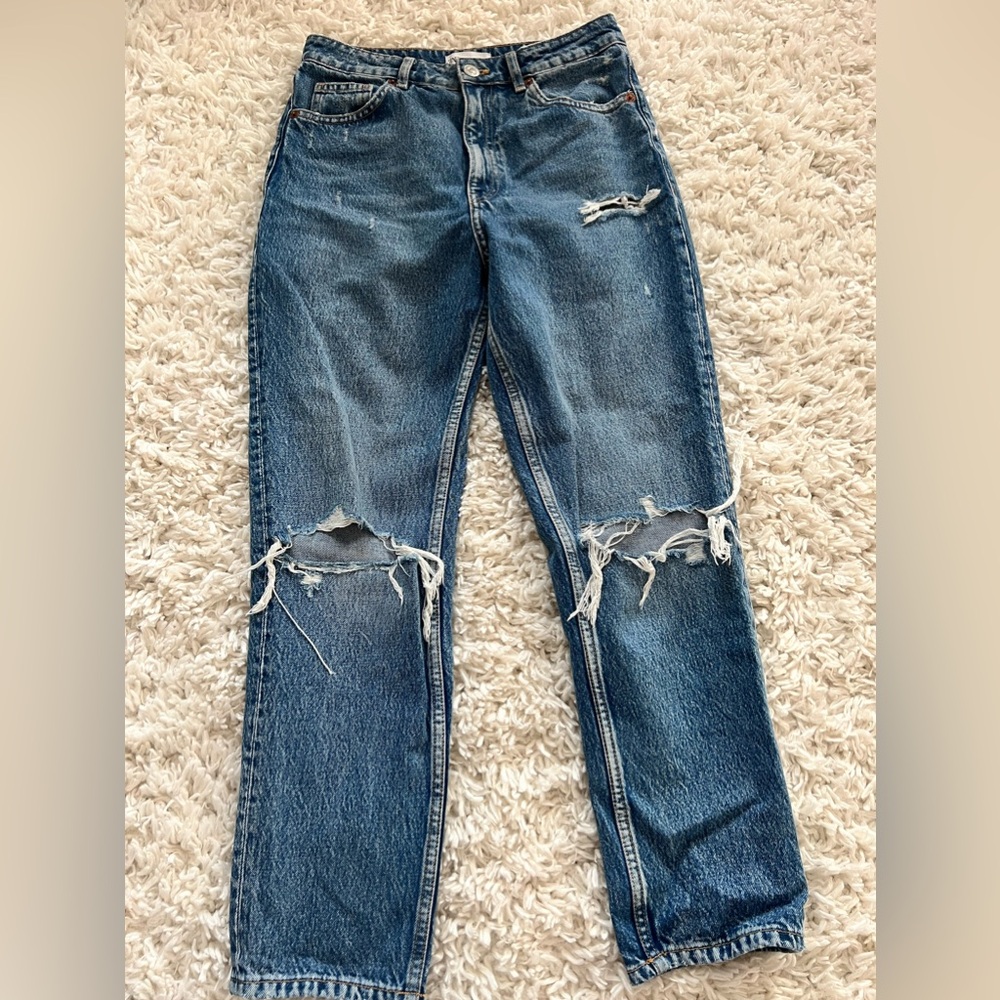 Zara High-Rise Distressed Blue Jeans